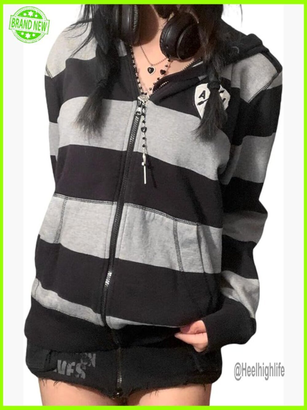 Women Striped Zip Up Hoodie Y2K Oversized Long Sleeve Jacket Grunge Aesthetic